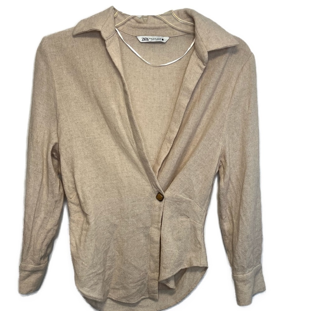 Zara Wool Double Breasted Tie Waist Shirt Asymmetrical Hem Sz M - Picture 3 of 11